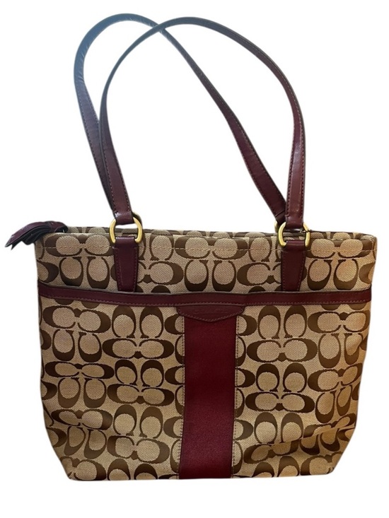 Coach Handbags - Coach Signature Stripe Khaki Brown Canvas Tote Bag Burgundy Leather Trim F28504